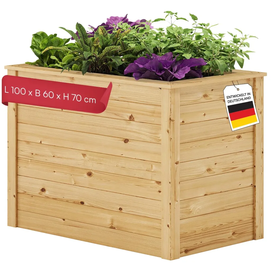 STEELSØN Theemin Hochbeet Natur – Pflanzenkübel 100x60x70 cm (LxBxH) – Kräuterbeet aus Lärchenholz – Gartenbeet mit UV-Schutzlackierung – Beet wetterfest – Pflanzenkasten für Garten – Kräuterbeet Holz
