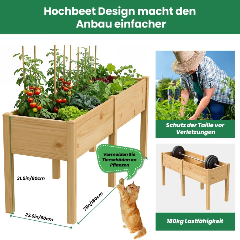 SUNYRISY Dual Hochbeet Holz für Balkon und Garten, 180x60x80cm Pflanzkasten Blumenkasten Kräuterbeet Tannenholz Pflanzbeet Blumenbeet Hochbeet-Kit für Garten Balkon Terrasse, Holzfarbe – Bild 2