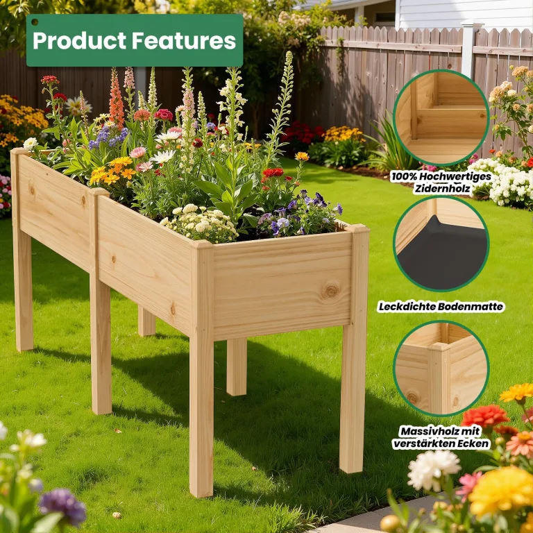 SUNYRISY Dual Hochbeet Holz für Balkon und Garten, 180x60x80cm Pflanzkasten Blumenkasten Kräuterbeet Tannenholz Pflanzbeet Blumenbeet Hochbeet-Kit für Garten Balkon Terrasse, Holzfarbe – Bild 4