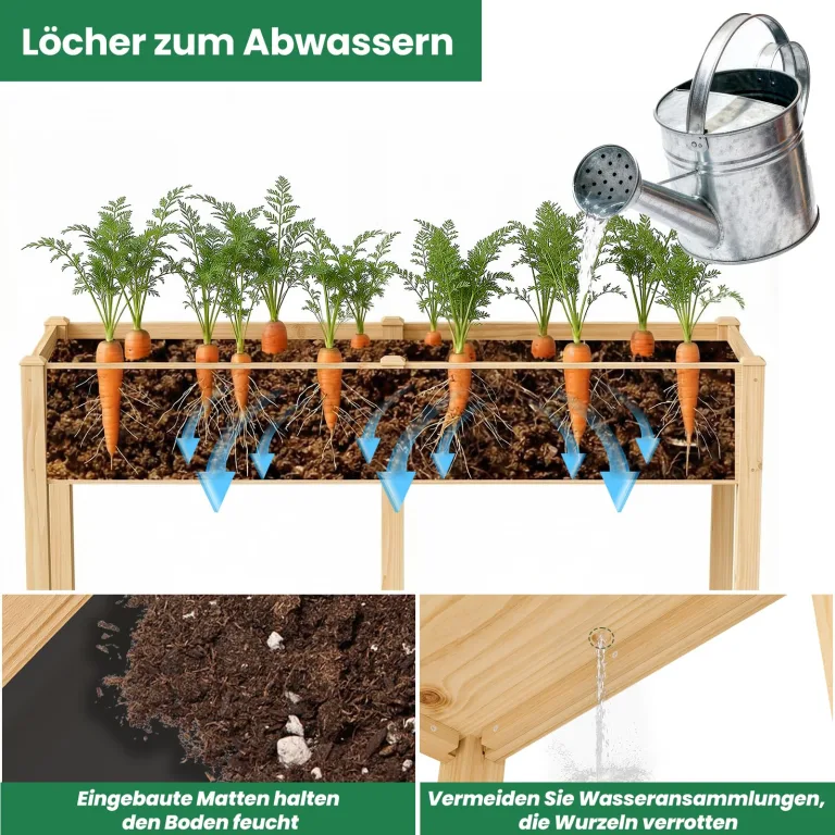 SUNYRISY Dual Hochbeet Holz für Balkon und Garten, 180x60x80cm Pflanzkasten Blumenkasten Kräuterbeet Tannenholz Pflanzbeet Blumenbeet Hochbeet-Kit für Garten Balkon Terrasse, Holzfarbe – Bild 6