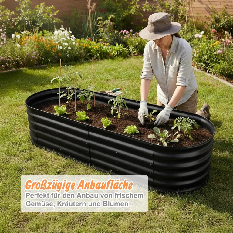 Relaxdays Hochbeet, verzinktes Metall, für Blumen, Pflanzen & Gemüse, HBT: 45x200x60 cm, ovales Pflanzenbeet, schwarz – Bild 3