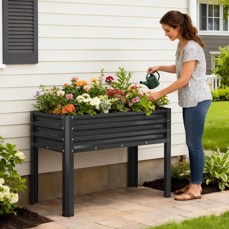 SUNYRISY Hochbeet Metall für Balkon und Garten, 116x60x80cm Verzinkter Stahl Pflanzkasten Blumenkasten Kräuterbeet Pflanzbeet Blumenbeet Hochbeet-Kit für Garten Balkon Terrasse, Schwarz – Bild 2