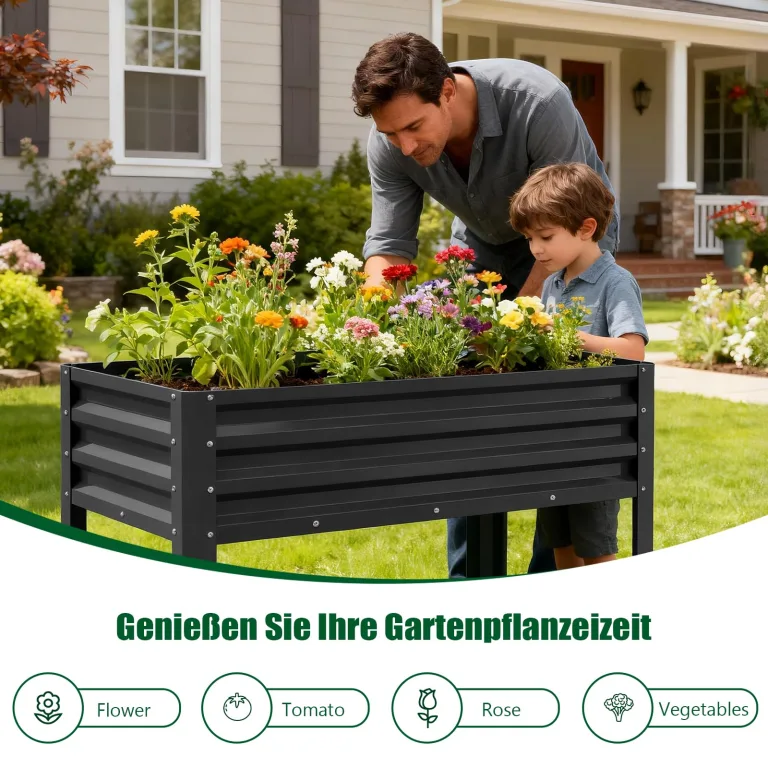 SUNYRISY Hochbeet Metall für Balkon und Garten, 116x60x80cm Verzinkter Stahl Pflanzkasten Blumenkasten Kräuterbeet Pflanzbeet Blumenbeet Hochbeet-Kit für Garten Balkon Terrasse, Schwarz – Bild 6