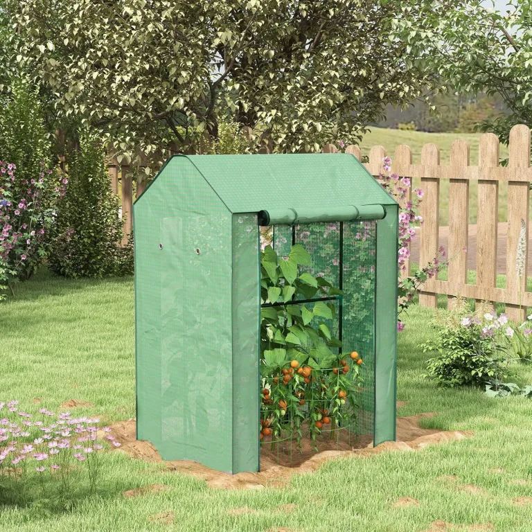 Outsunny Gewächshaus mit PE-Gitterfolie, Aufrollbare Tür Winterfest Foliengewächshaus aus Stahl, Treibhaus für Balkon, Garten, Tomatenhaus 100 x 80 x 150, Tomatengewächshaus für Tomaten Blumen, Grün – Bild 2