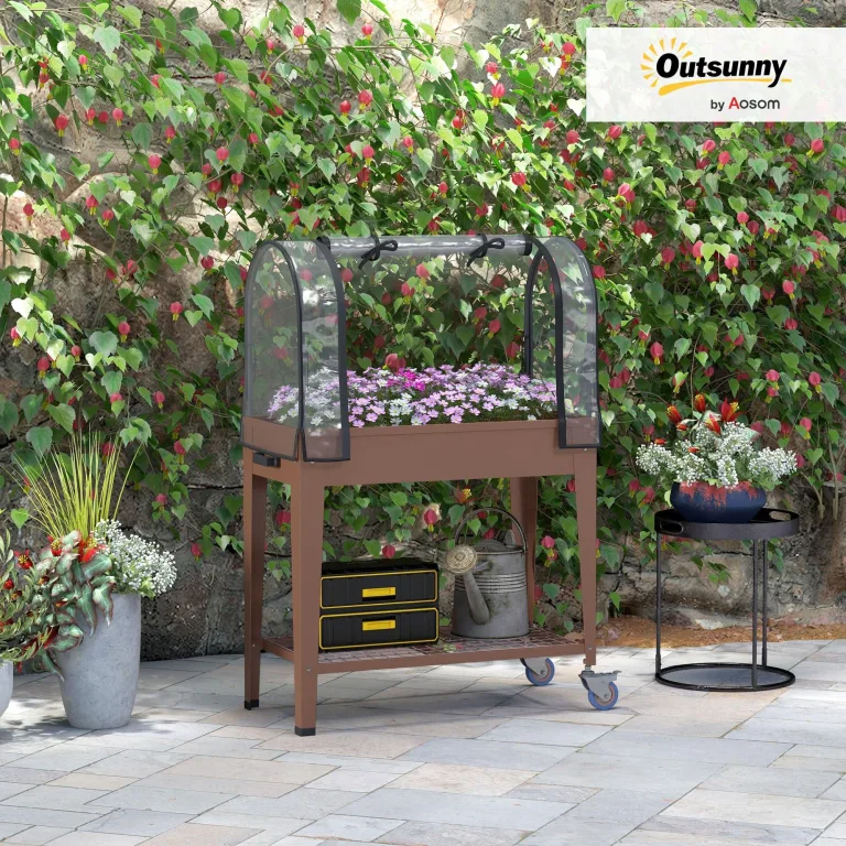 Outsunny Hochbeet mit transparenter Plane, Mini-Gewächshaus, 2 Rollen und 1 untere Ablage für Gemüse, Blumen, Gemüse, Gemüse, Maße: 80 x 40 x 120 cm (L x B x H) – Bild 2