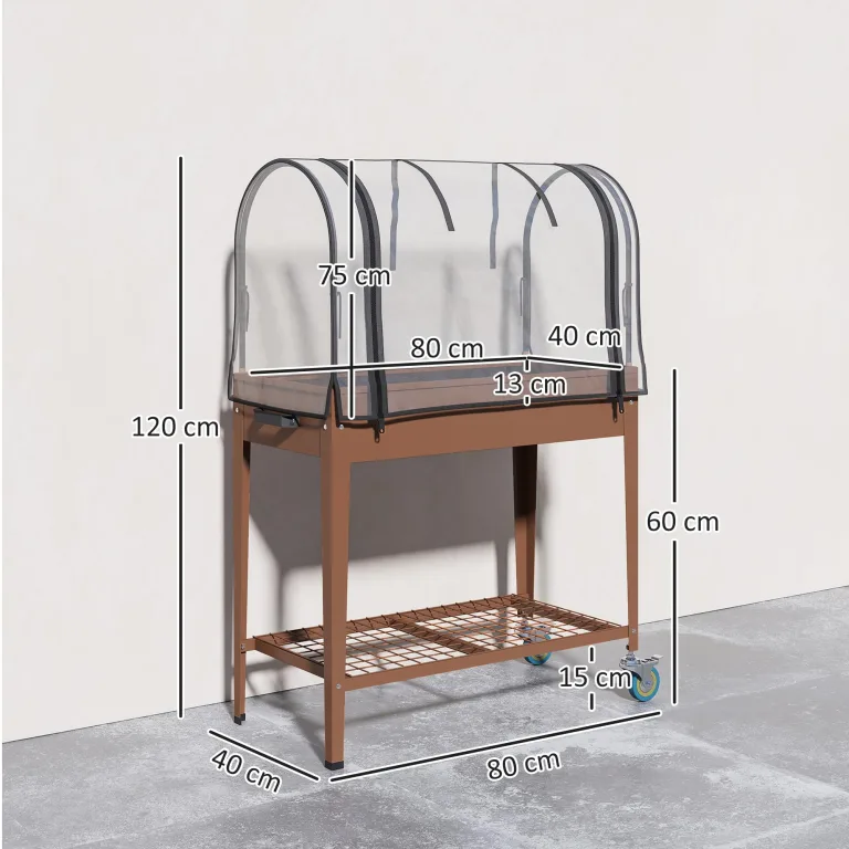 Outsunny Hochbeet mit transparenter Plane, Mini-Gewächshaus, 2 Rollen und 1 untere Ablage für Gemüse, Blumen, Gemüse, Gemüse, Maße: 80 x 40 x 120 cm (L x B x H) – Bild 7