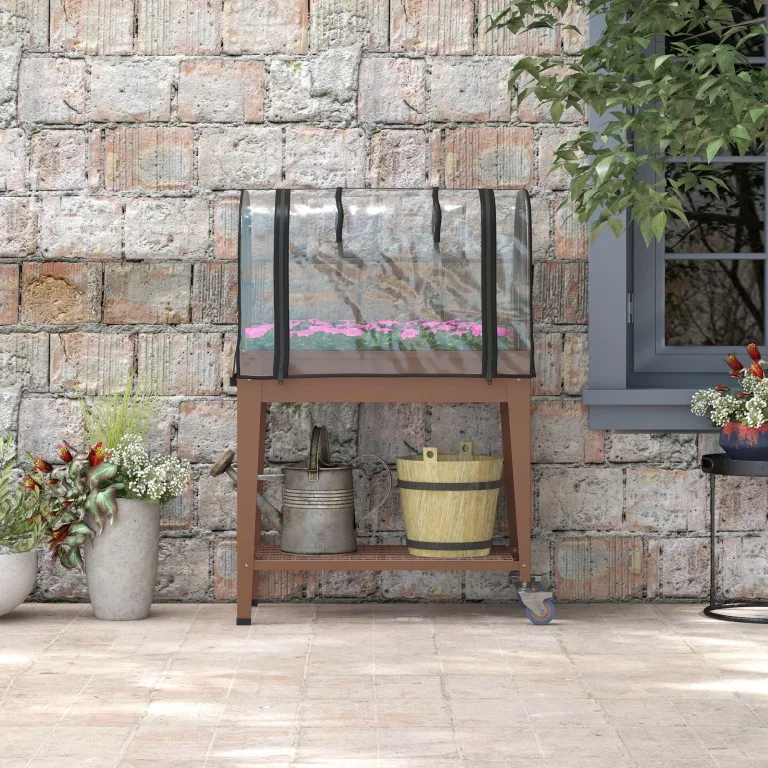 Outsunny Hochbeet mit transparenter Plane, Mini-Gewächshaus, 2 Rollen und 1 untere Ablage für Gemüse, Blumen, Gemüse, Gemüse, Maße: 80 x 40 x 120 cm (L x B x H) – Bild 8