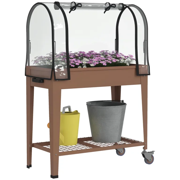 Outsunny Hochbeet mit transparenter Plane, Mini-Gewächshaus, 2 Rollen und 1 untere Ablage für Gemüse, Blumen, Gemüse, Gemüse, Maße: 80 x 40 x 120 cm (L x B x H) – Bild 1