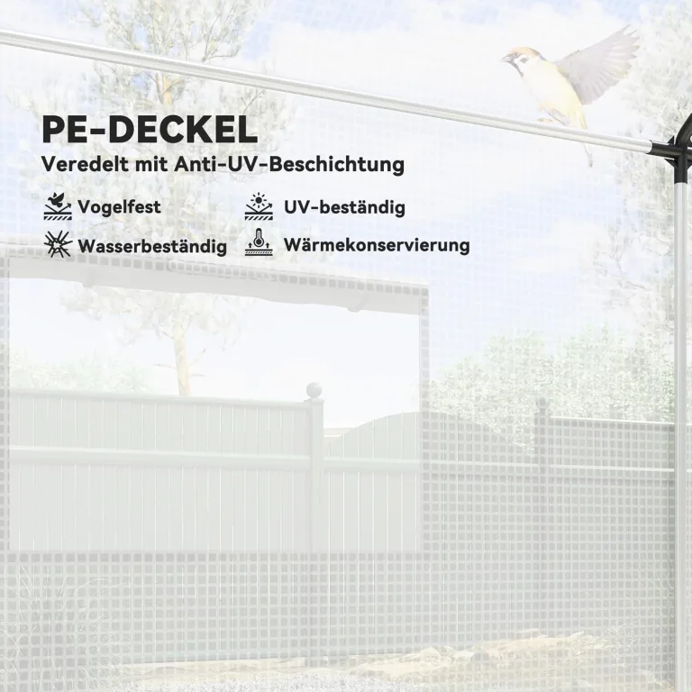 Outsunny Gewächshaus 3 x 2 x 2 m Foliengewächshaus mit Breiter Rollbar Reißverschlusstür, Moskitonetz, Spitzdach 4 Fenster, UV-beständiger Folientunnel, Winterfest Tomatenhaus mit Erdanker, Weiß – Bild 3