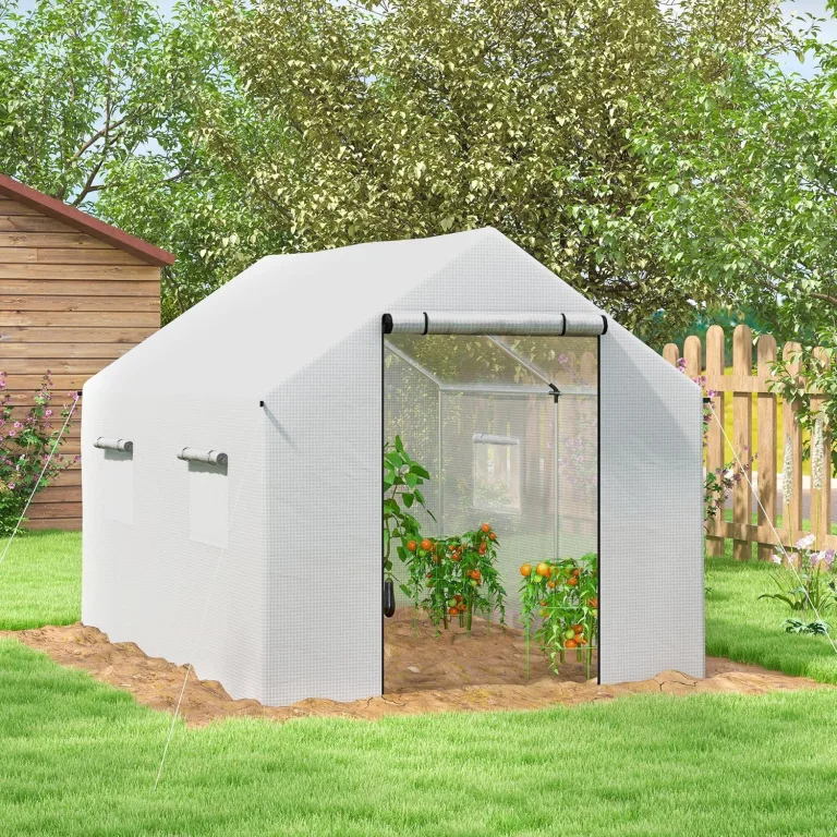Outsunny Gewächshaus 3 x 2 x 2 m Foliengewächshaus mit Breiter Rollbar Reißverschlusstür, Moskitonetz, Spitzdach 4 Fenster, UV-beständiger Folientunnel, Winterfest Tomatenhaus mit Erdanker, Weiß – Bild 8