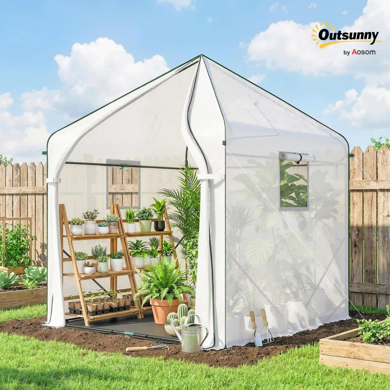 Outsunny 160 x 160 x 200 cm Begehbares Gewächshaus für den Außenbereich mit verstärktem Stahlrahmen und PE-Abdeckung, großes Pflanzenhaus mit Rolltür und 3 Netzfenstern, mit PE-Bodenabdeckung, weiß – Bild 2