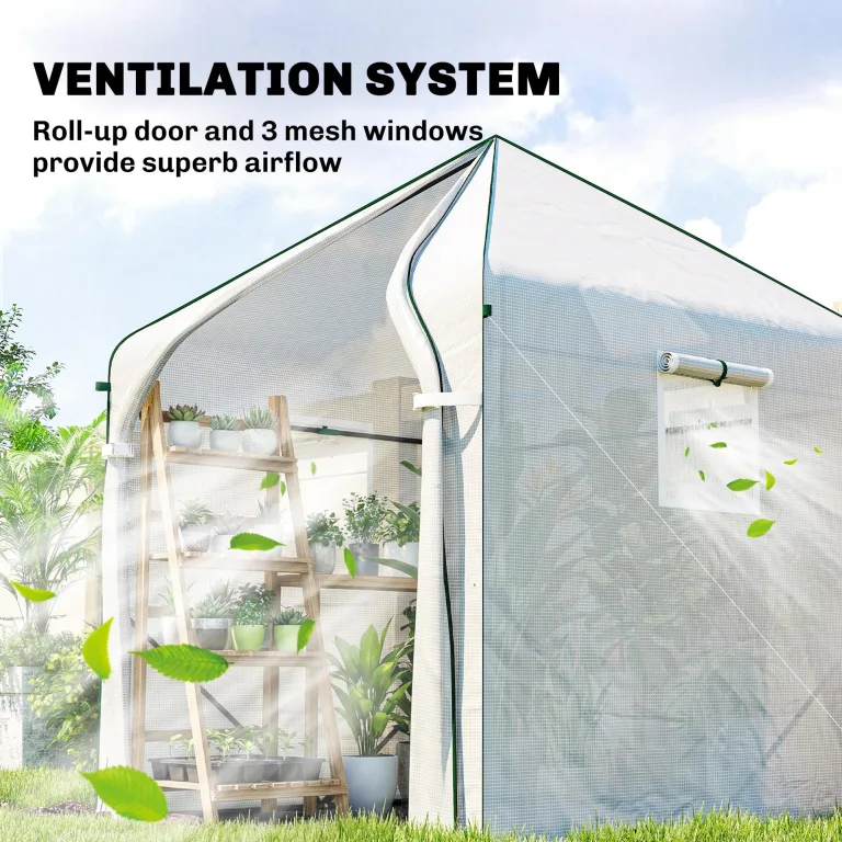 Outsunny 160 x 160 x 200 cm Begehbares Gewächshaus für den Außenbereich mit verstärktem Stahlrahmen und PE-Abdeckung, großes Pflanzenhaus mit Rolltür und 3 Netzfenstern, mit PE-Bodenabdeckung, weiß – Bild 5