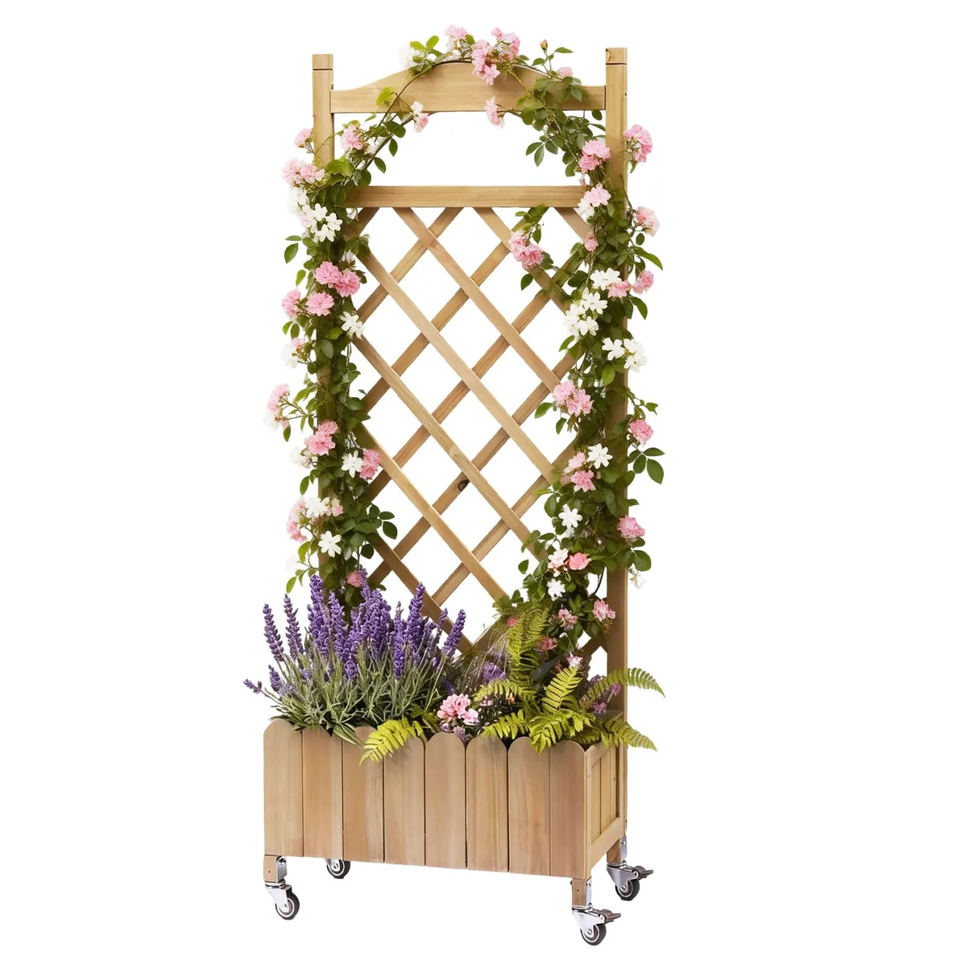 Rankgitter Pflanzkasten mit Rollen, Holz Hochbeet mit Spalier, wetterbeständiger Pflanzenkübel mit Drainagelöchern, mobiler Blumenkasten für Garten, Balkon & Terrasse, 49x28x116cm-Hellbraun - Bild 1