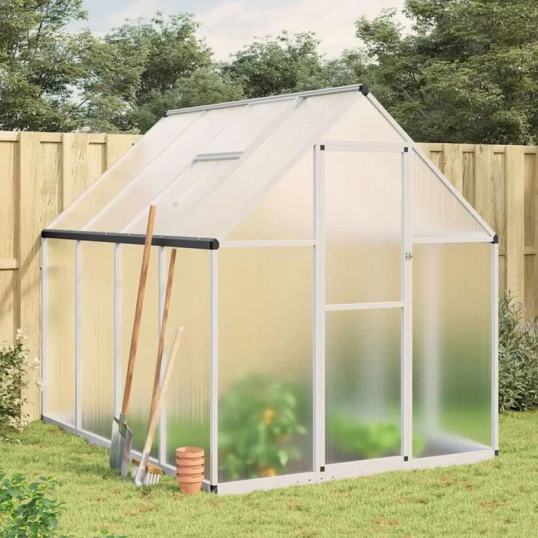 Hommdiy Gewächshaus mit Fundamentrahmen Silber 224x169x195cm Aluminimum Pflanzenhaus mit Dachrinnensystem Flügeltür Treibhaus für Pflanzen Frühbeet – Bild 1