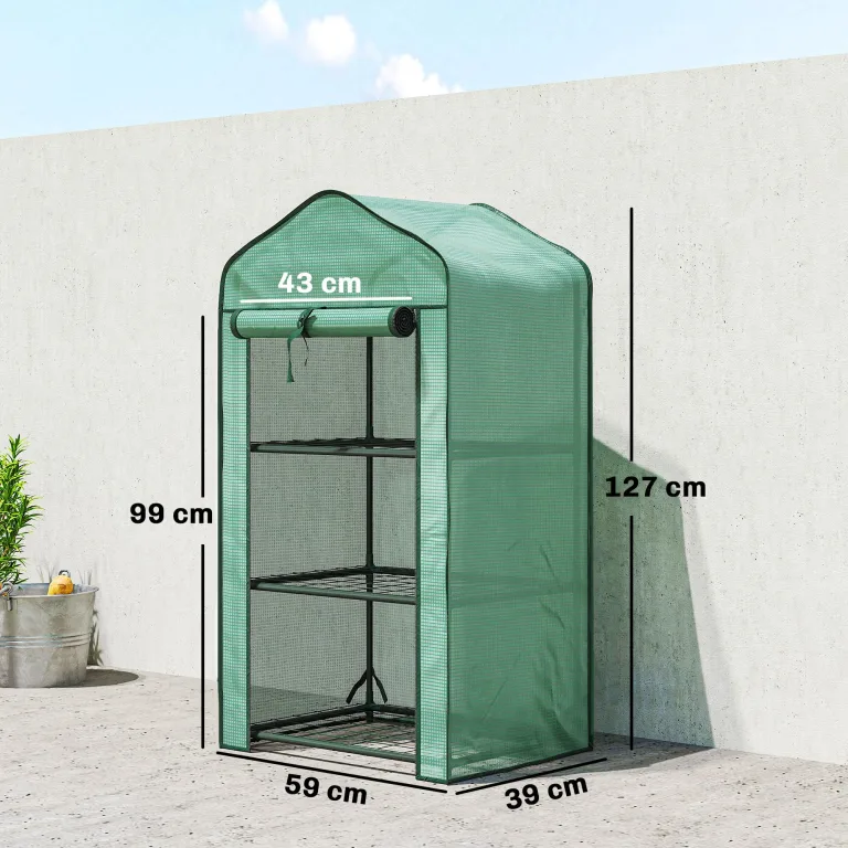 Outsunny Gewächshaus mit 3 Regalböden, Balkongewächshaus, verstärkte PE-Plane, Stahlrahmen, aufrollbare Reißverschlusstür, für Gemüse, Pflanzen und Blumen, 59 x 39 x 127 cm, grün – Bild 7