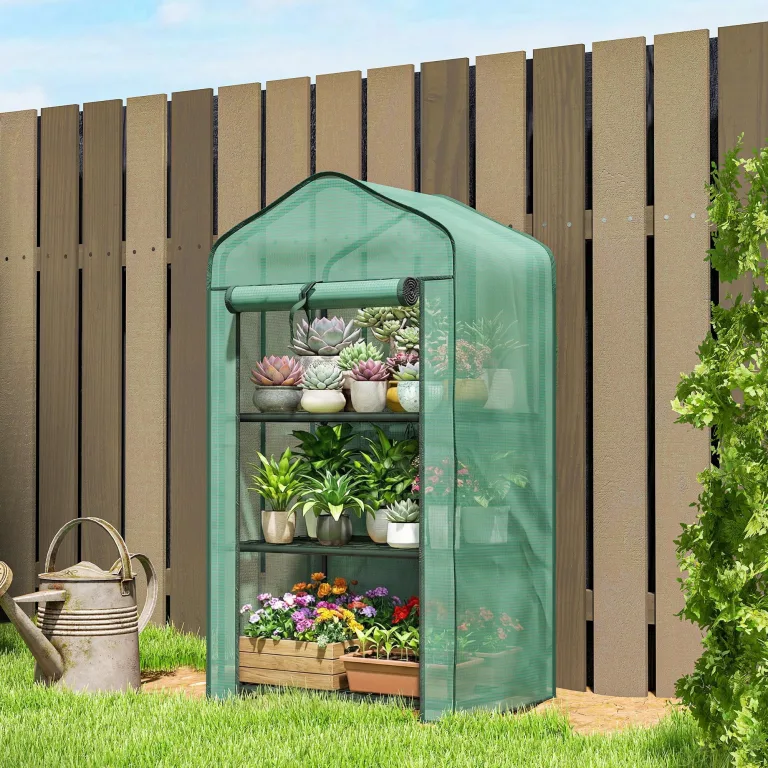 Outsunny Gewächshaus mit 3 Regalböden, Balkongewächshaus, verstärkte PE-Plane, Stahlrahmen, aufrollbare Reißverschlusstür, für Gemüse, Pflanzen und Blumen, 59 x 39 x 127 cm, grün – Bild 8