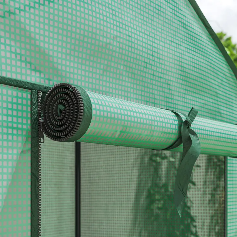 Outsunny Gewächshaus mit 3 Regalböden, Balkongewächshaus, verstärkte PE-Plane, Stahlrahmen, aufrollbare Reißverschlusstür, für Gemüse, Pflanzen und Blumen, 59 x 39 x 127 cm, grün – Bild 9