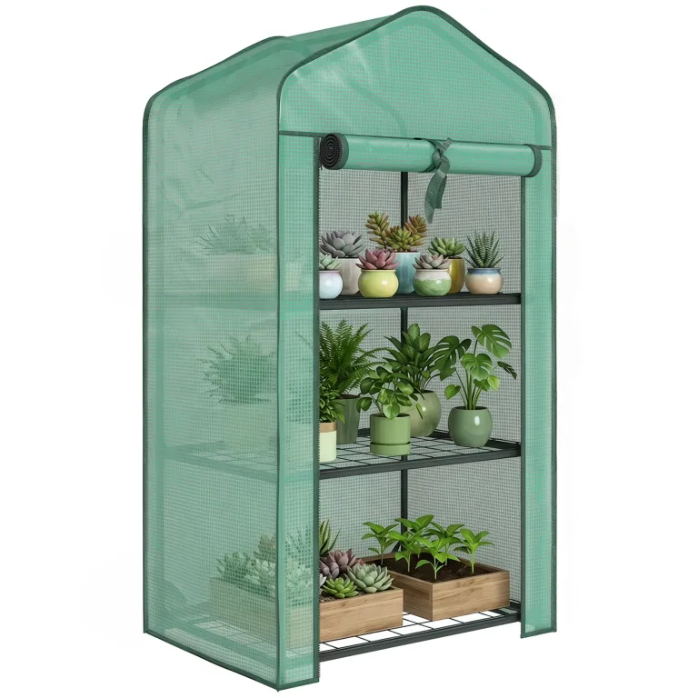 Outsunny Gewächshaus mit 3 Regalböden, Balkongewächshaus, verstärkte PE-Plane, Stahlrahmen, aufrollbare Reißverschlusstür, für Gemüse, Pflanzen und Blumen, 59 x 39 x 127 cm, grün – Bild 1