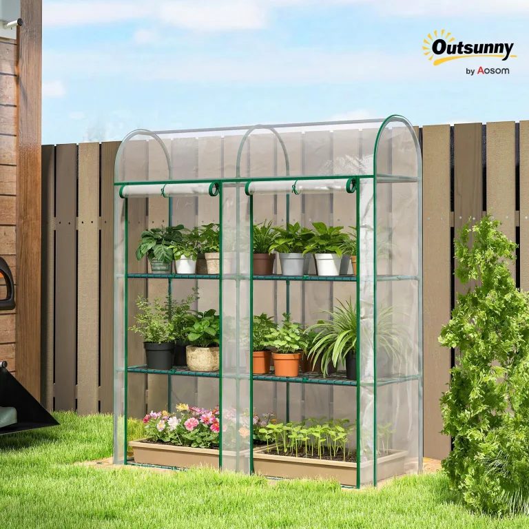 Outsunny Garten-Gewächshaus mit 3 Regalen, kleines Balkongewächshaus aus PVC-Plane und Stahlrahmen, 2 Rolltüren, für Gemüse, Pflanzen, Blumen, 143 x 46 x 164 cm, transparent – Bild 2