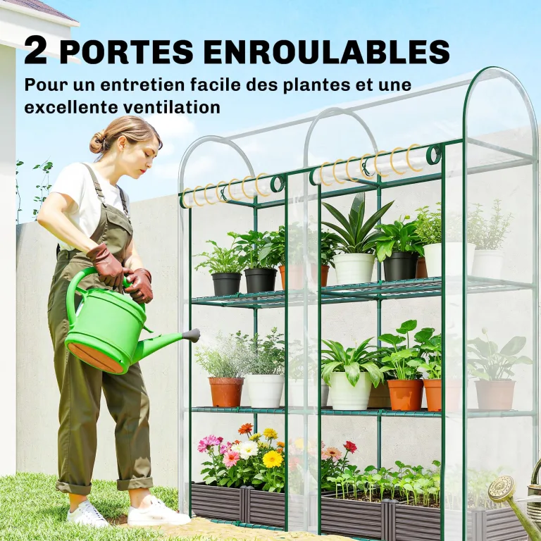 Outsunny Garten-Gewächshaus mit 3 Regalen, kleines Balkongewächshaus aus PVC-Plane und Stahlrahmen, 2 Rolltüren, für Gemüse, Pflanzen, Blumen, 143 x 46 x 164 cm, transparent – Bild 4