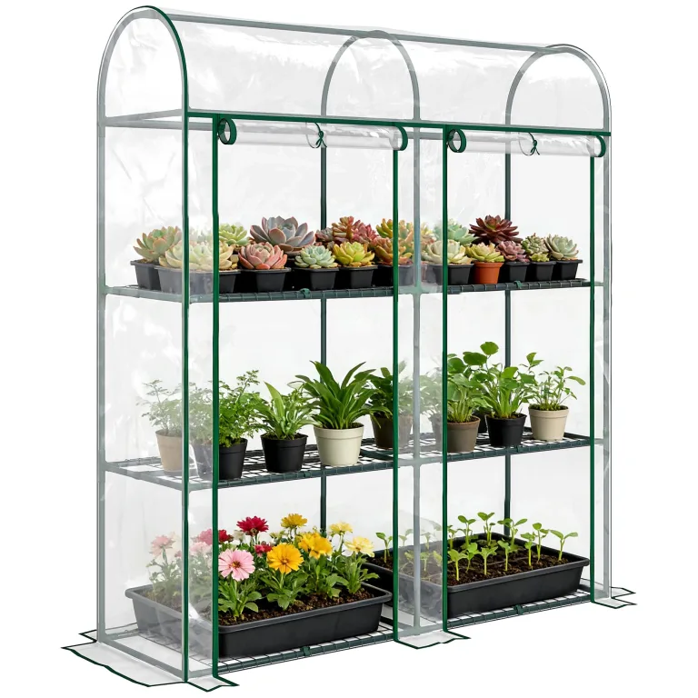 Outsunny Garten-Gewächshaus mit 3 Regalen, kleines Balkongewächshaus aus PVC-Plane und Stahlrahmen, 2 Rolltüren, für Gemüse, Pflanzen, Blumen, 143 x 46 x 164 cm, transparent – Bild 1