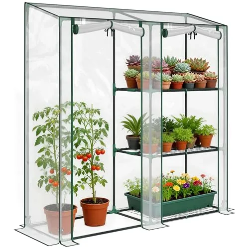 Outsunny Gewächshaus mit 3 Regalböden, kleines Balkongewächshaus aus PVC-Plane und Stahlrahmen, 2 Rolltüren, für Gemüse, Pflanzen und Blumen, 143 x 45 x 151 cm, transparent – Bild 10
