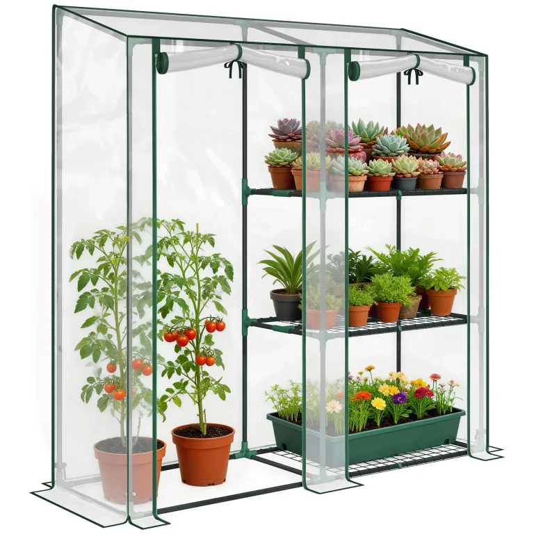 Outsunny Gewächshaus mit 3 Regalböden, kleines Balkongewächshaus aus PVC-Plane und Stahlrahmen, 2 Rolltüren, für Gemüse, Pflanzen und Blumen, 143 x 45 x 151 cm, transparent – Bild 1