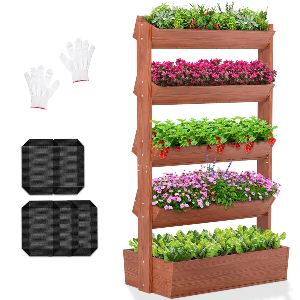 Vertikales Holz Hochbeet mit 5 Etagen Premium Blumenkasten, Frei stehender Blumentreppe Pflanztreppe Gemüsebeet Kräuterbeet Blumenbeet Pflanzkasten für Kräuter, Gemüse, Blumen