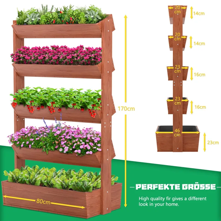 Vertikales Holz Hochbeet mit 5 Etagen Premium Blumenkasten, Frei stehender Blumentreppe Pflanztreppe Gemüsebeet Kräuterbeet Blumenbeet Pflanzkasten für Kräuter, Gemüse, Blumen – Bild 5