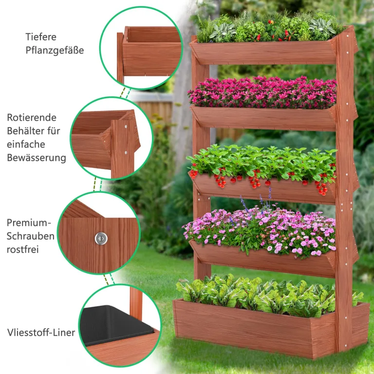 Vertikales Holz Hochbeet mit 5 Etagen Premium Blumenkasten, Frei stehender Blumentreppe Pflanztreppe Gemüsebeet Kräuterbeet Blumenbeet Pflanzkasten für Kräuter, Gemüse, Blumen – Bild 7