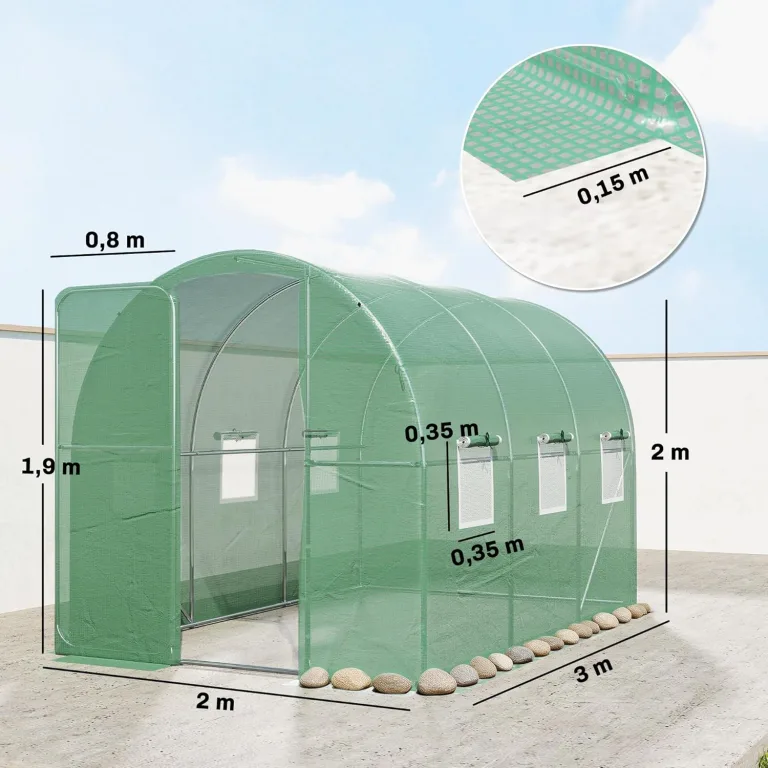 Outsunny Gewächshaus 3 x 2 x 2 m Foliengewächshaus mit Abschließbar Anschlag-Tür 6 Rollbar Netzfenster Stützstangen Verlängerte Kanten, UV-beständig Folientunnel, Winterfest Tomatenhaus, Grün – Bild 7