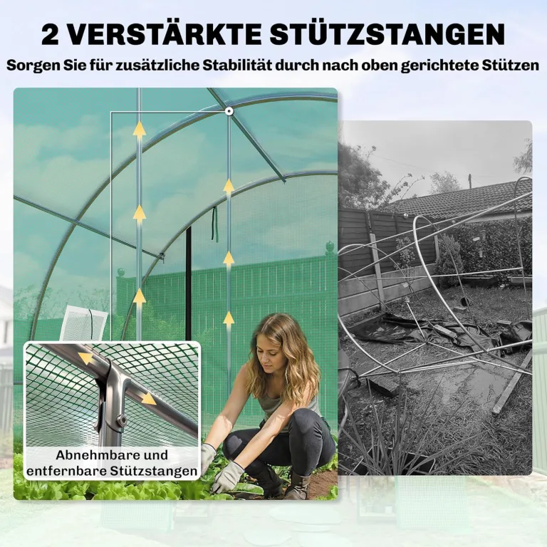 Outsunny Gewächshaus ca. 4 x 3 x 2 m Foliengewächshaus mit Rollbar 2 Reißverschlusstür & 8 Netzfenster Stützstangen Verlängerte Kanten, UV-beständig Folientunnel, Winterfest Tomatenhaus, Grün – Bild 3