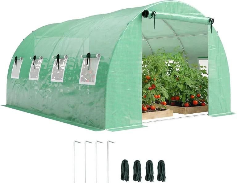 Outsunny Gewächshaus ca. 4 x 3 x 2 m Foliengewächshaus mit Rollbar 2 Reißverschlusstür & 8 Netzfenster Stützstangen Verlängerte Kanten, UV-beständig Folientunnel, Winterfest Tomatenhaus, Grün – Bild 1