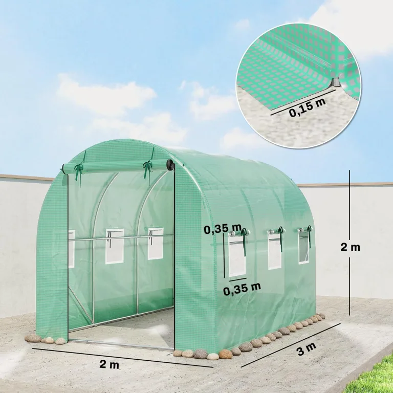 Outsunny Gewächshaus 3 x 2 x 2 m Foliengewächshaus mit Rollbar 2 Reißverschlusstür & 6 Netzfenster Stützstangen Verlängerte Kanten, UV-beständig Folientunnel, Winterfest Tomatenhaus, Grün – Bild 7