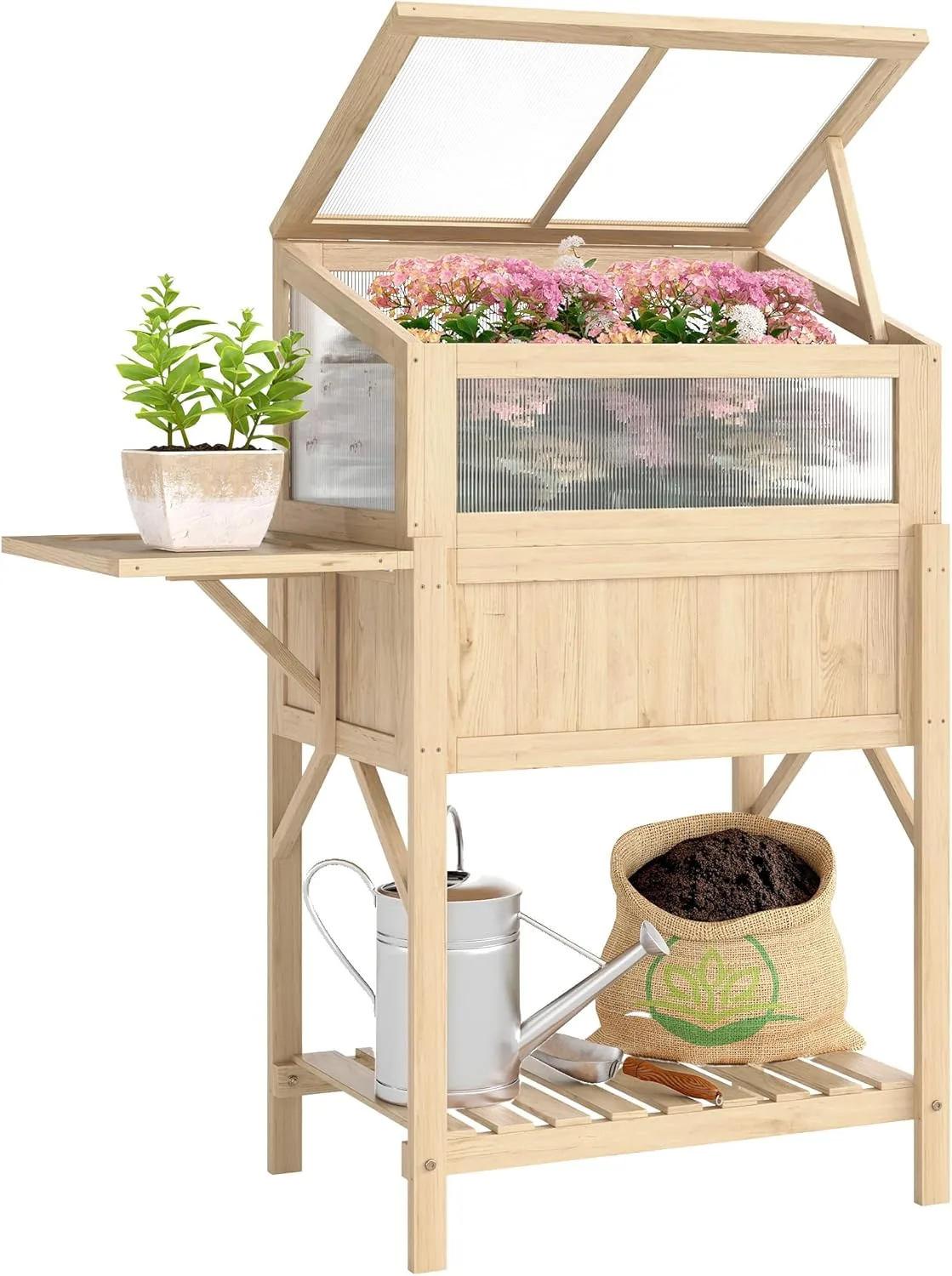 Outsunny Hochbeet mit Frühbeetaufsatz aus Holz Pflanzkasten mit Gewächshaus klappbar Seitentisch Ablagefach, Erhöhtes Frühbeet Pflanzbeet 104x50x120cm Kräuterbeet für Garten Balkon Terrasse Naturholz - Bild 1