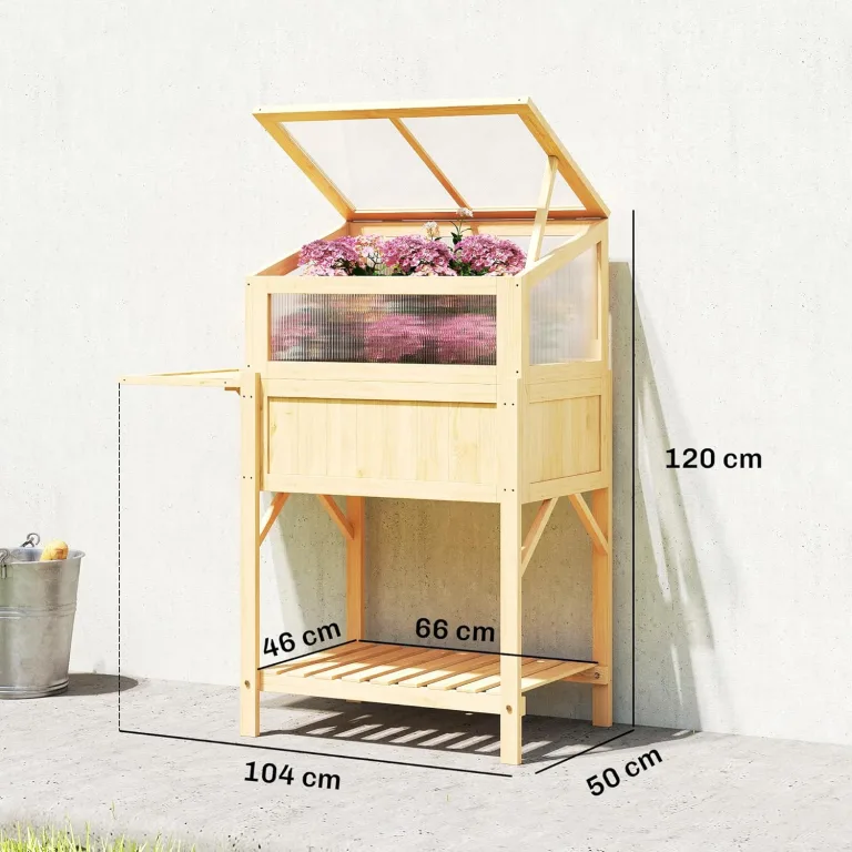 Outsunny Hochbeet mit Frühbeetaufsatz aus Holz Pflanzkasten mit Gewächshaus klappbar Seitentisch Ablagefach, Erhöhtes Frühbeet Pflanzbeet 104x50x120cm Kräuterbeet für Garten Balkon Terrasse Naturholz – Bild 8