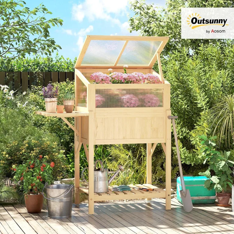 Outsunny Hochbeet mit Frühbeetaufsatz aus Holz Pflanzkasten mit Gewächshaus klappbar Seitentisch Ablagefach, Erhöhtes Frühbeet Pflanzbeet 104x50x120cm Kräuterbeet für Garten Balkon Terrasse Naturholz – Bild 3