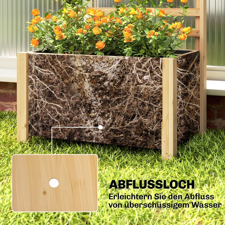 Outsunny Hochbeet mit Rankgitter Holz erhöhter Blumenkasten mit Spalier Abflussloch Vliesstoff, Pflanzkasten Pflanzkübel Blumenkübel Rankkasten für Kletterpflanzen Garten 60 x 39 x 120 cm Naturholz – Bild 5