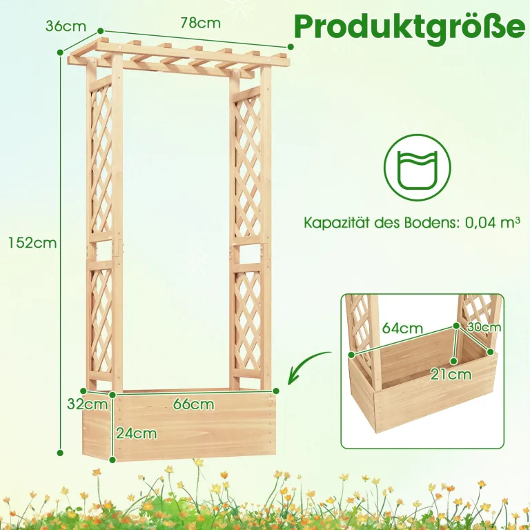 COSTWAY Blumenkasten mit Rankgitter & hängendem Dach, Pflanzkasten mit Rankhilfe, Hochbeet für Kletterpflanzen & hängende Körbe, für Garten Hof Terrasse, Pflanzkübel Holz, Natur, 66x32x152cm – Bild 3
