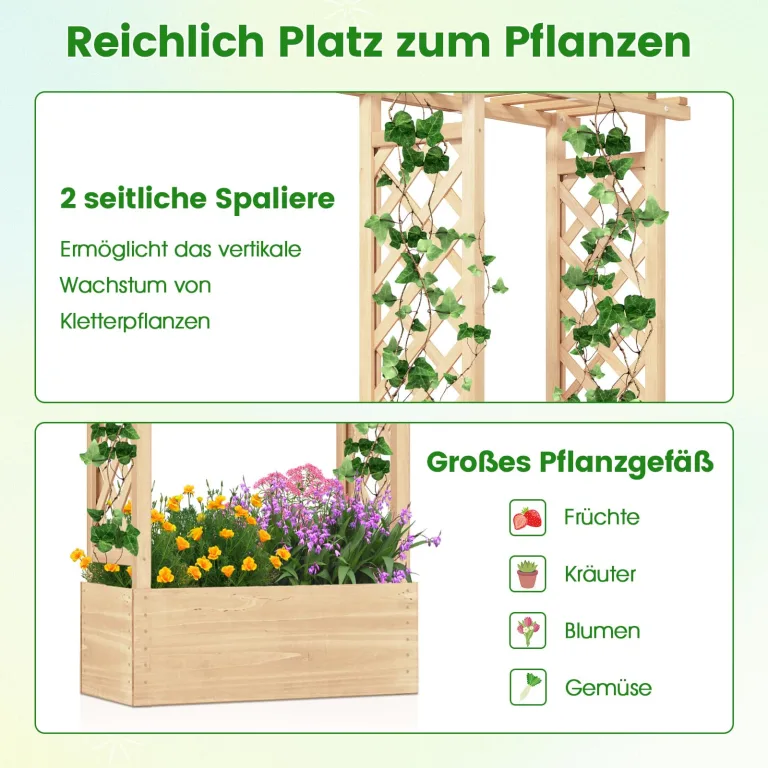 COSTWAY Blumenkasten mit Rankgitter & hängendem Dach, Pflanzkasten mit Rankhilfe, Hochbeet für Kletterpflanzen & hängende Körbe, für Garten Hof Terrasse, Pflanzkübel Holz, Natur, 66x32x152cm – Bild 7