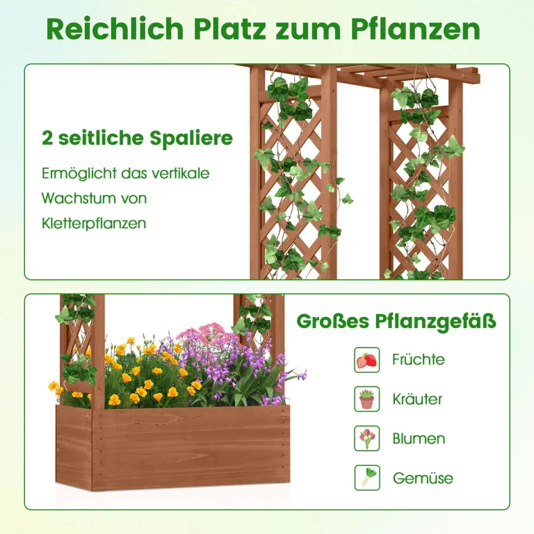 COSTWAY Blumenkasten mit Rankgitter & hängendem Dach, Pflanzkasten mit Rankhilfe, Hochbeet für Kletterpflanzen & hängende Körbe, für Garten Hof Terrasse, Pflanzkübel Holz, Braun, 66x32x152cm – Bild 7