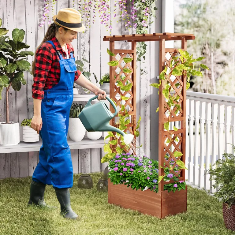 COSTWAY Blumenkasten mit Rankgitter & hängendem Dach, Pflanzkasten mit Rankhilfe, Hochbeet für Kletterpflanzen & hängende Körbe, für Garten Hof Terrasse, Pflanzkübel Holz, Braun, 66x32x152cm – Bild 9