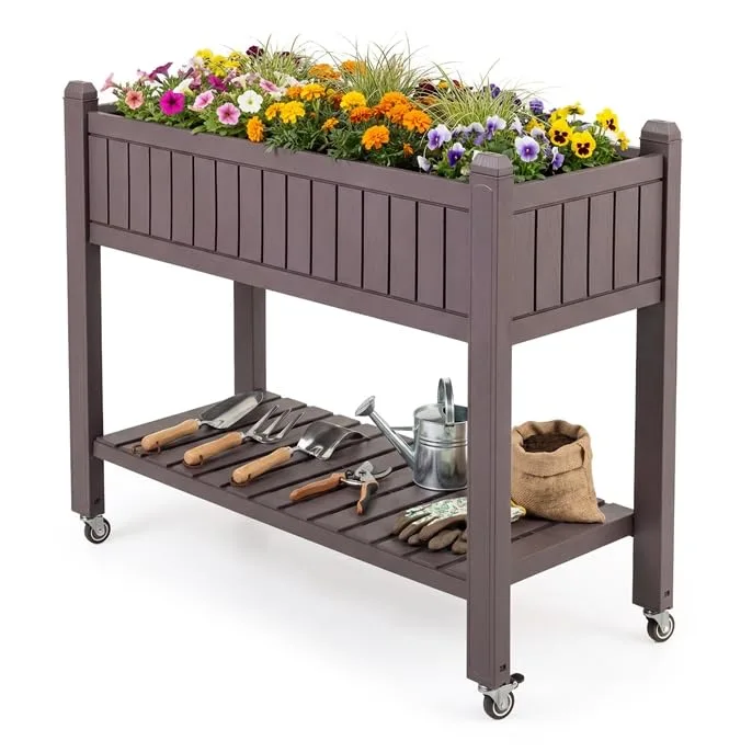 COSTWAY Hochbeet mit Rollen, erhöhtes Gartenbeet mit Ablage, Wasserstandsanzeiger & Ablauflöchern, Kräuterbeet Gemüsebeet, aus Kunststoff und Metall, Pflanztisch für Balkon Garten Terrasse, Braun - Bild 1
