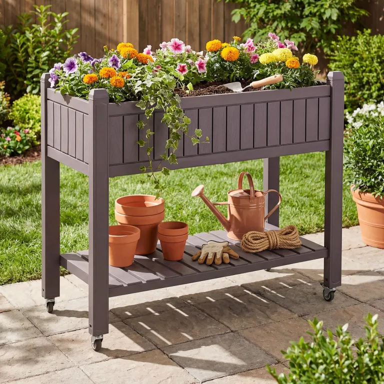COSTWAY Hochbeet mit Rollen, erhöhtes Gartenbeet mit Ablage, Wasserstandsanzeiger & Ablauflöchern, Kräuterbeet Gemüsebeet, aus Kunststoff und Metall, Pflanztisch für Balkon Garten Terrasse, Braun – Bild 2