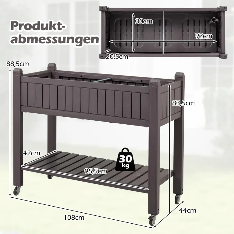 COSTWAY Hochbeet mit Rollen, erhöhtes Gartenbeet mit Ablage, Wasserstandsanzeiger & Ablauflöchern, Kräuterbeet Gemüsebeet, aus Kunststoff und Metall, Pflanztisch für Balkon Garten Terrasse, Braun – Bild 6