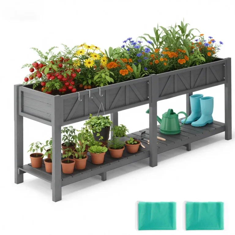 Hochbeet 183x44x73cm, Wetterfestes Pflanzkübel Außen mit Ablagefach, 6 Haken & 2 Vlieseinlagen, Für Gemüse Blumen Kräuter, Garten Balkon Terrasse, Grau – Bild 1
