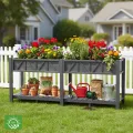 Hochbeet 183x44x73cm, Wetterfestes Pflanzkübel Außen mit Ablagefach, 6 Haken & 2 Vlieseinlagen, Für Gemüse Blumen Kräuter, Garten Balkon Terrasse, Grau - Thumbnail 7