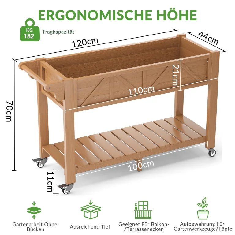 Hochbeet 120x44x70cm, Metall Hochbeet mit Rollen & Griff, 3 Haken & Vlieseinlage, Für Gemüse Blumen Kräuter, Garten Balkon Terrasse, Teak Optik – Bild 2