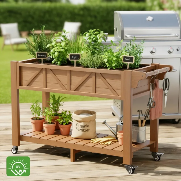 Hochbeet 120x44x70cm, Metall Hochbeet mit Rollen & Griff, 3 Haken & Vlieseinlage, Für Gemüse Blumen Kräuter, Garten Balkon Terrasse, Teak Optik – Bild 7