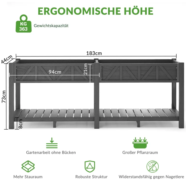 Hochbeet 183x44x73cm, Wetterfestes Pflanzkübel Außen mit Ablagefach, 6 Haken & 2 Vlieseinlagen, Für Gemüse Blumen Kräuter, Garten Balkon Terrasse, Schwarz – Bild 2